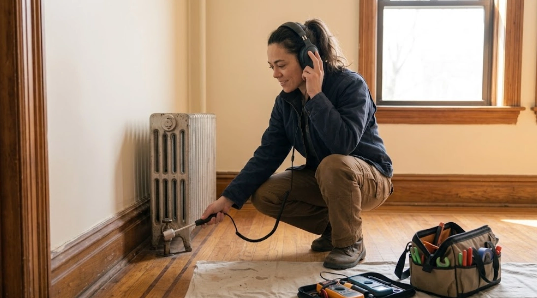 Plumbing technician utilizing digital acoustic detection equipment to trace hidden water leak in Morningside Heights Manhattan