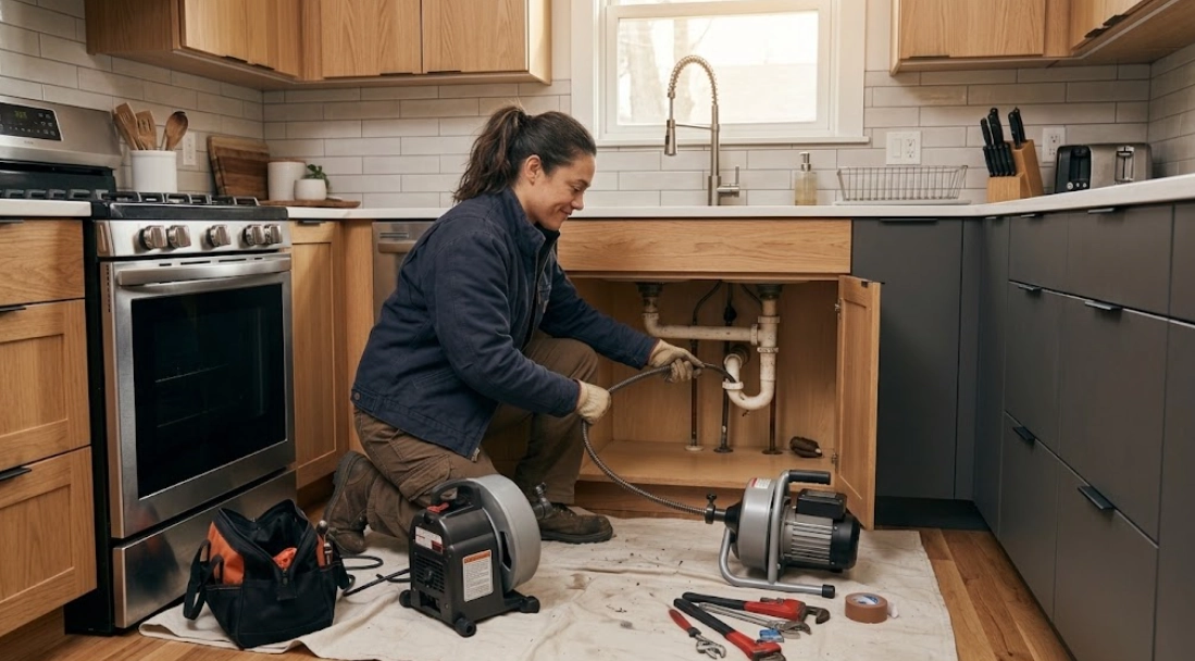 Plumbing technician performing professional drain cleaning on residential kitchen sink waste line in Morningside Heights Manhattan