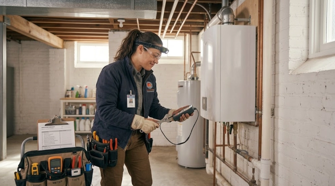 Heating technician testing residential gas-fired boiler burner assembly and controls in Morningside Heights Manhattan