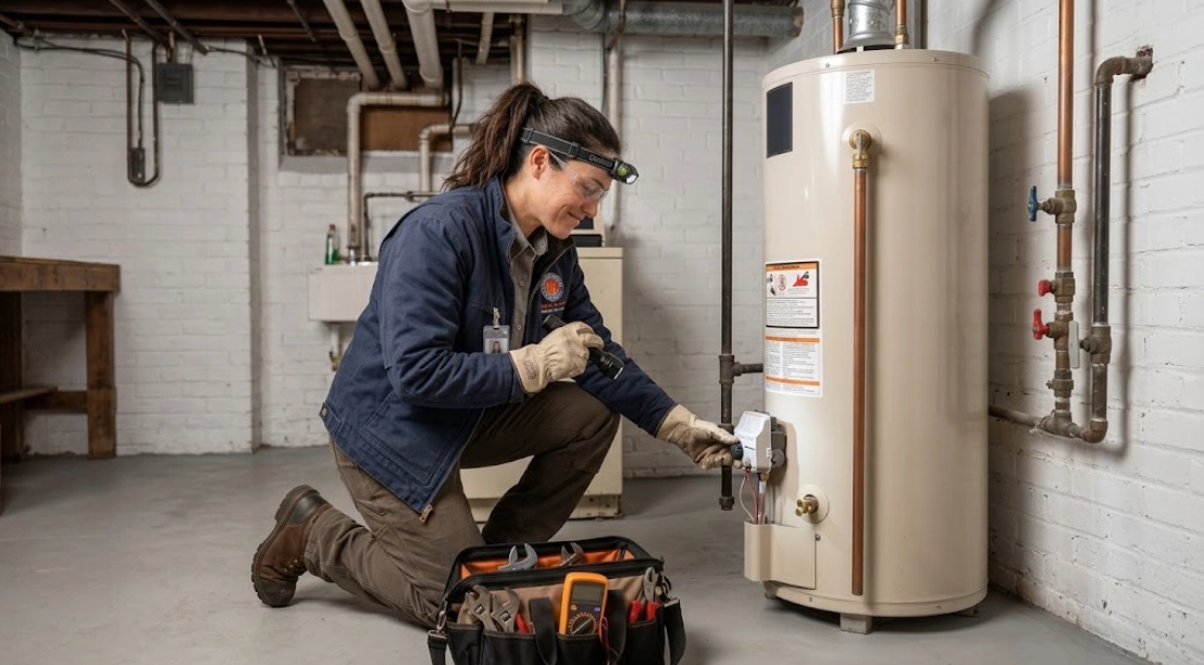 Plumber testing residential gas water heater thermostat control and gas valve in Morningside Heights Manhattan